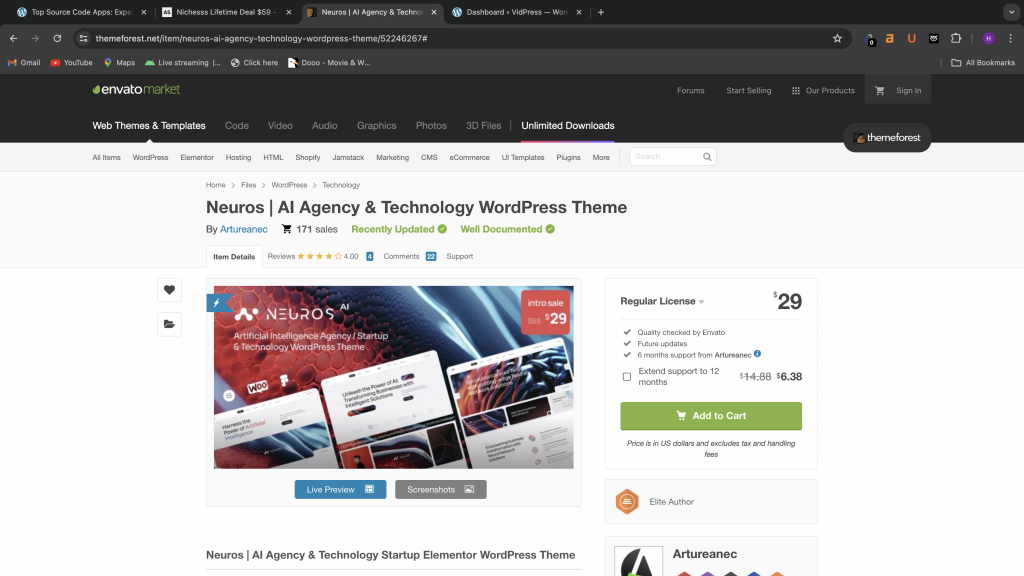 Neuros AI Agency & Technology WordPress Theme Price details