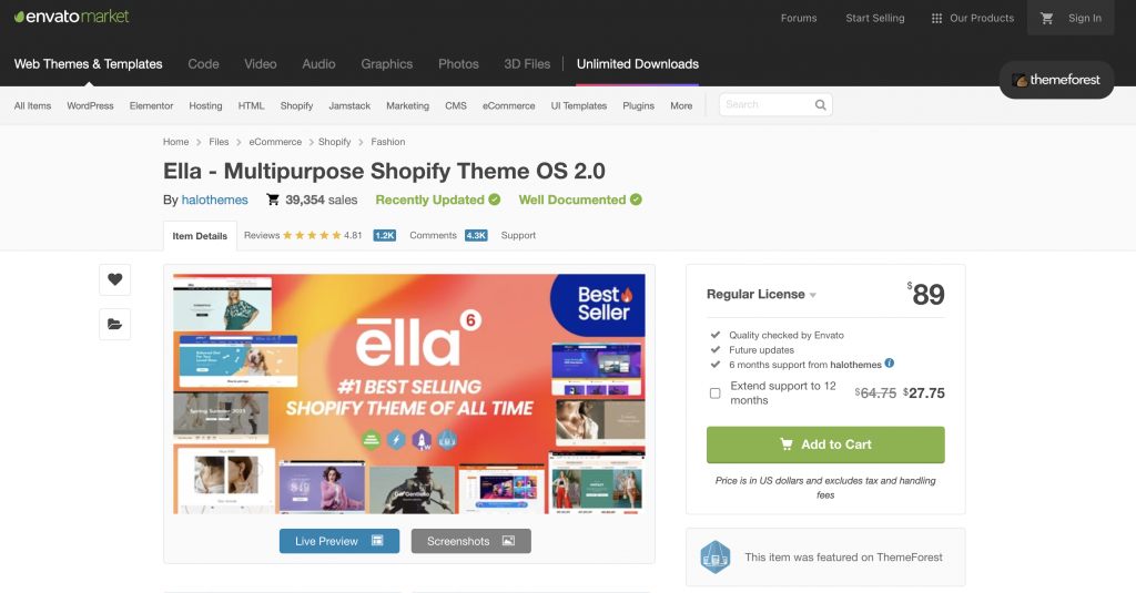 Ella - Multipurpose Shopify Theme OS 2.0 pricing ditals