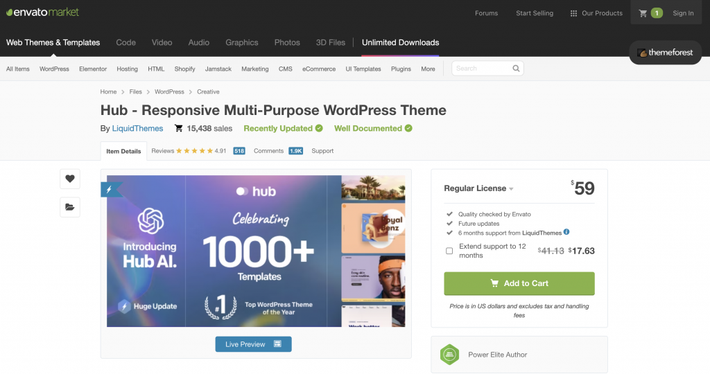 Hub WordPress Theme CodeCanyon destails